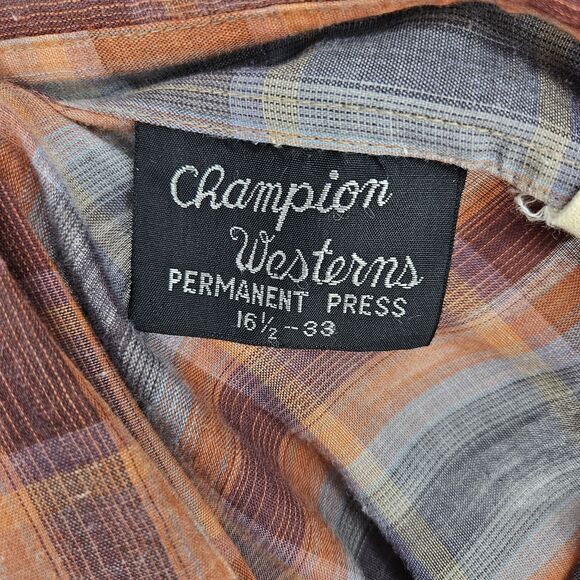 Vintage‎ Champion Westerns Shirt Mens 16.5 33 Permanent Press Pearl Snap Plaid - Picture 9 of 11